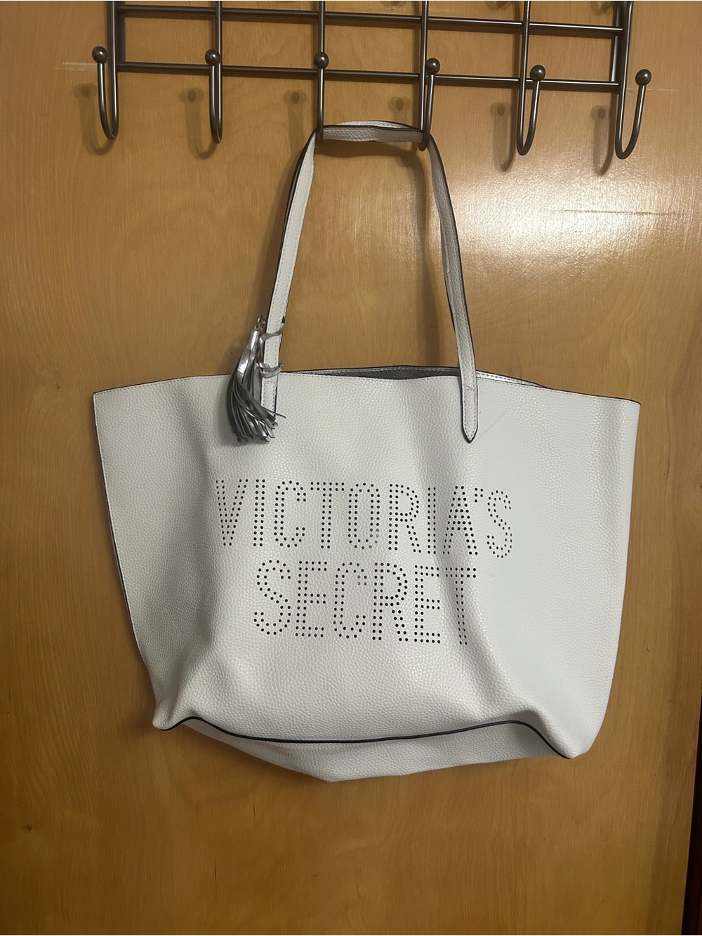 Victoria's Secret White Perforated Logo Tote with Tassel